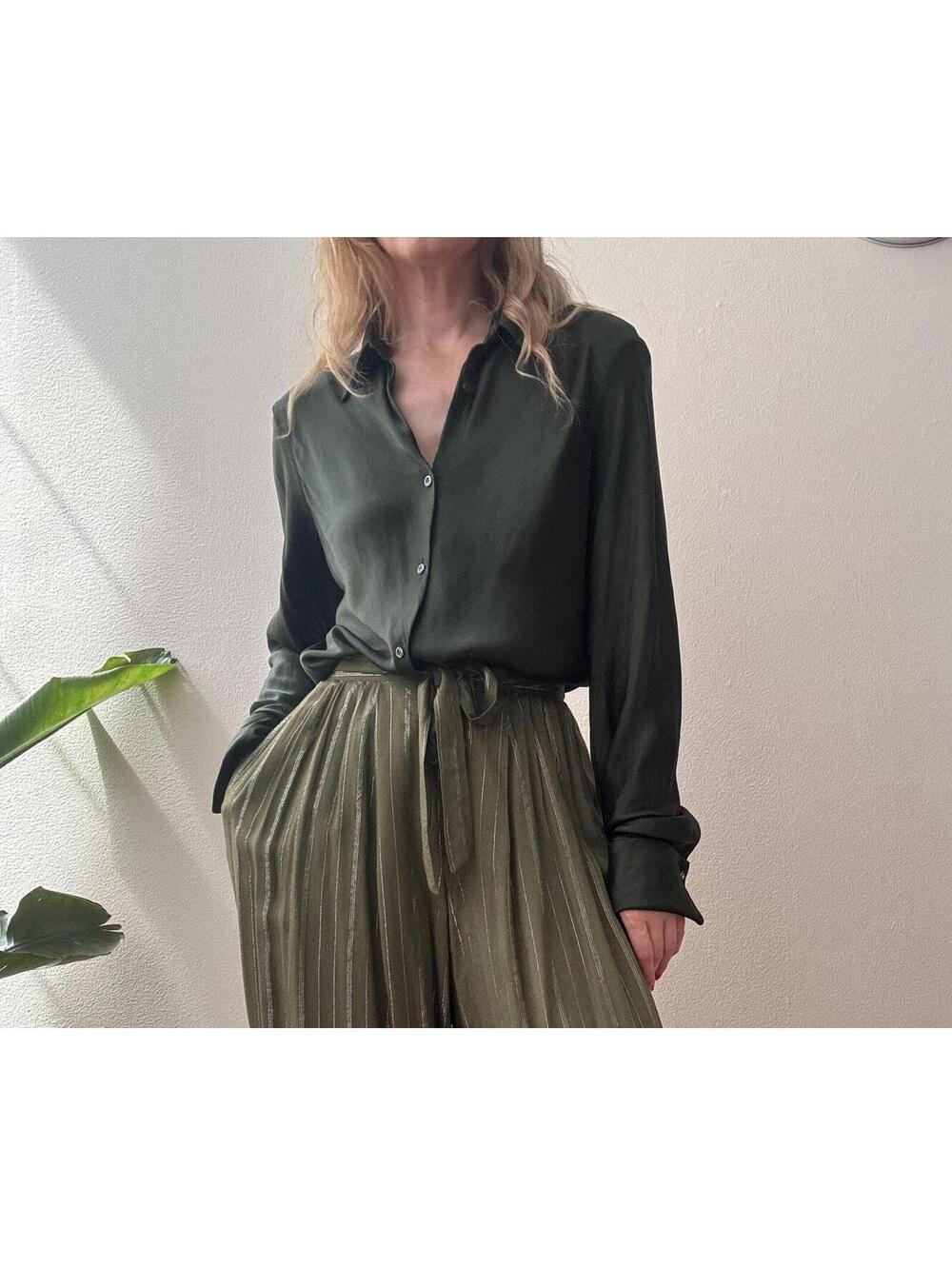 Vintage 1990s Ralph Lauren Silk Forest Green Blouse with French Cuffs
